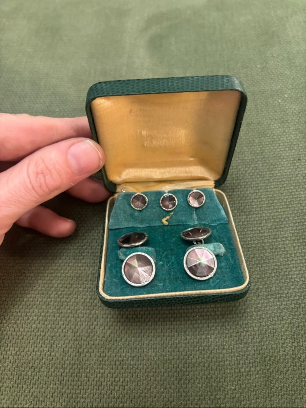 Vintage art deco silver and smoke mother of pearl cuff links and button studs